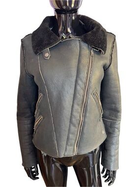 Women's Black Shearling-Lined Moto Jacket aviator biker
